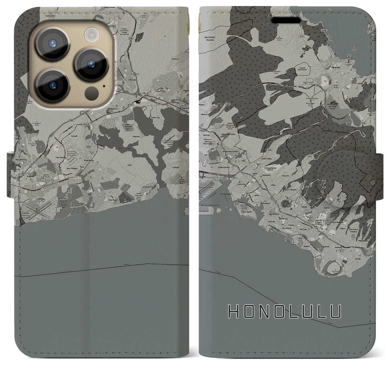 【ホノルル(アメリカ)】地図柄iPhoneケース(手帳タイプ)モノトーン・iPhone 14 Pro Max 用