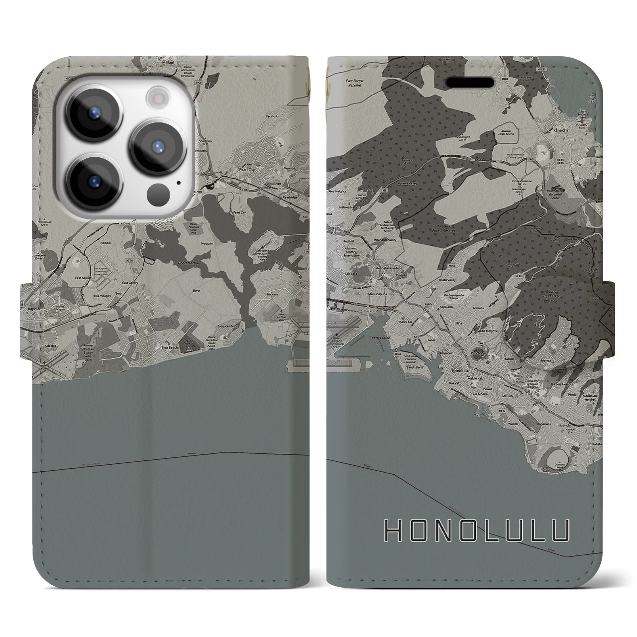 【ホノルル(アメリカ)】地図柄iPhoneケース(手帳タイプ)モノトーン・iPhone 14 Pro 用