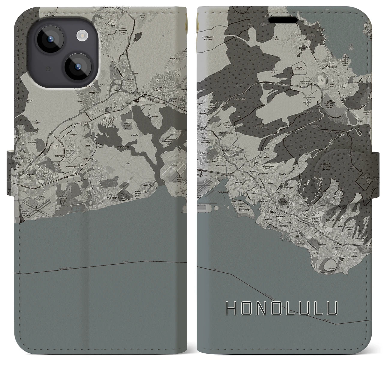 【ホノルル(アメリカ)】地図柄iPhoneケース(手帳タイプ)モノトーン・iPhone 14 Plus 用