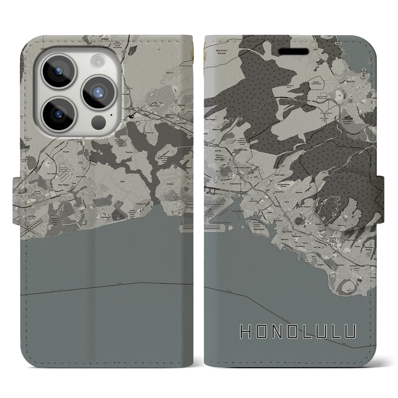 【ホノルル(アメリカ)】地図柄iPhoneケース(手帳タイプ)モノトーン・iPhone 15 Pro 用