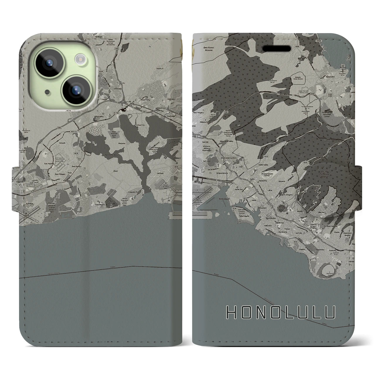 【ホノルル(アメリカ)】地図柄iPhoneケース(手帳タイプ)モノトーン・iPhone 15 用