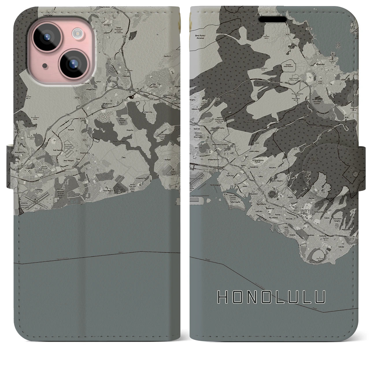 【ホノルル(アメリカ)】地図柄iPhoneケース(手帳タイプ)モノトーン・iPhone 15 Plus 用