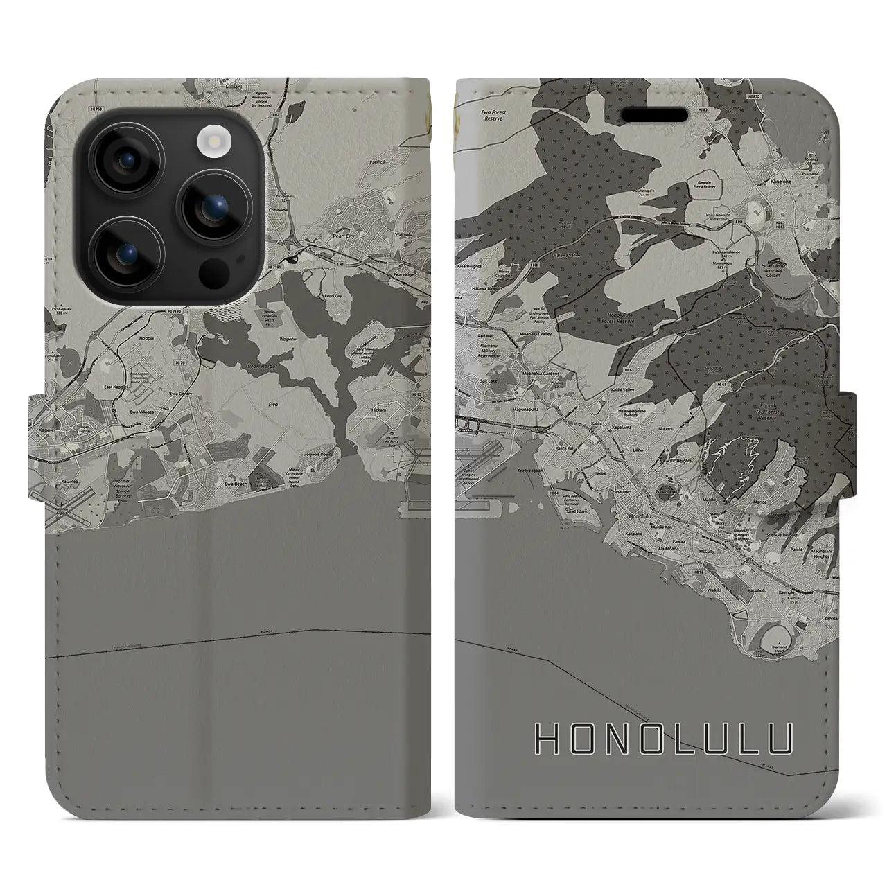 【ホノルル(アメリカ)】地図柄iPhoneケース(手帳タイプ)モノトーン・iPhone 16 用