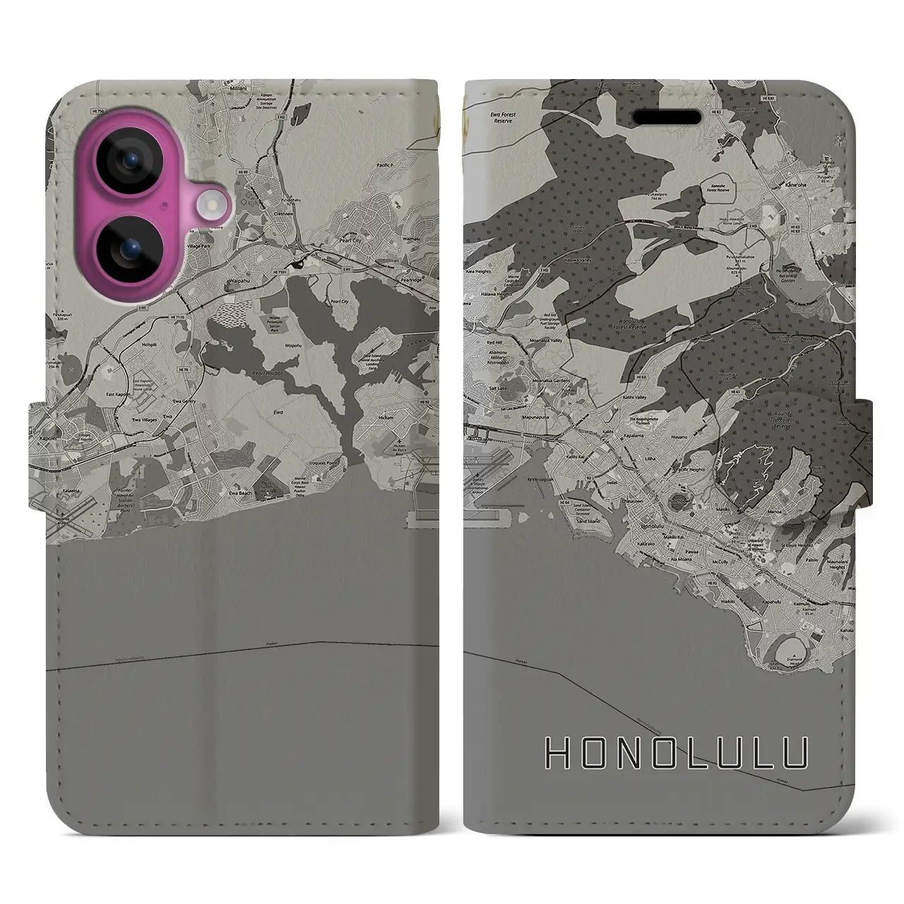 【ホノルル(アメリカ)】地図柄iPhoneケース(手帳タイプ)モノトーン・iPhone 16 Pro 用