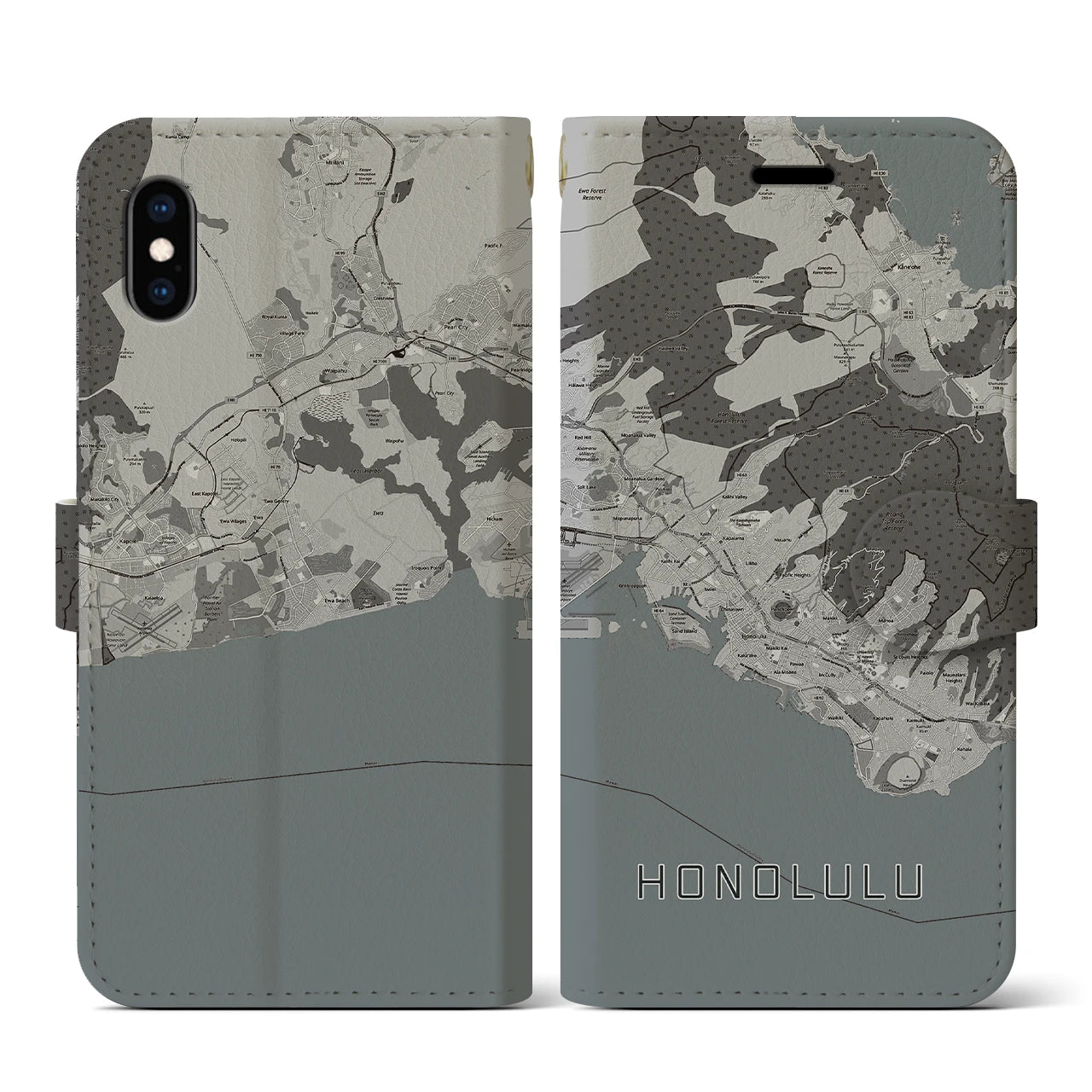 【ホノルル(アメリカ)】地図柄iPhoneケース(手帳タイプ)モノトーン・iPhone XS / X 用