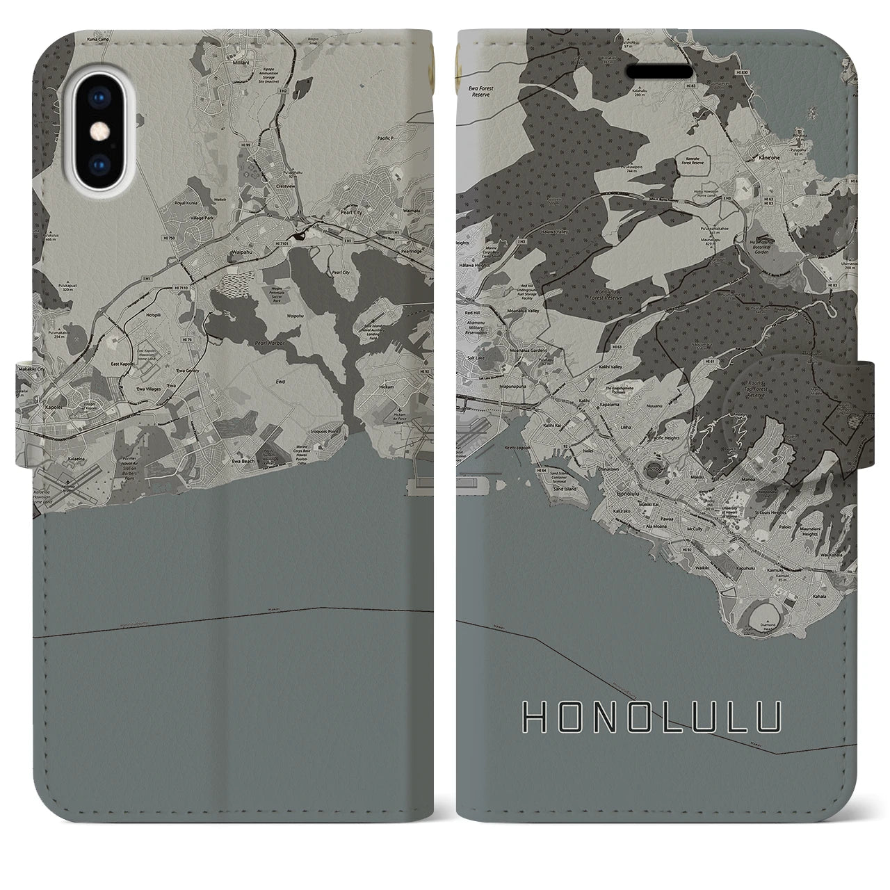 【ホノルル(アメリカ)】地図柄iPhoneケース(手帳タイプ)モノトーン・iPhone XS Max 用