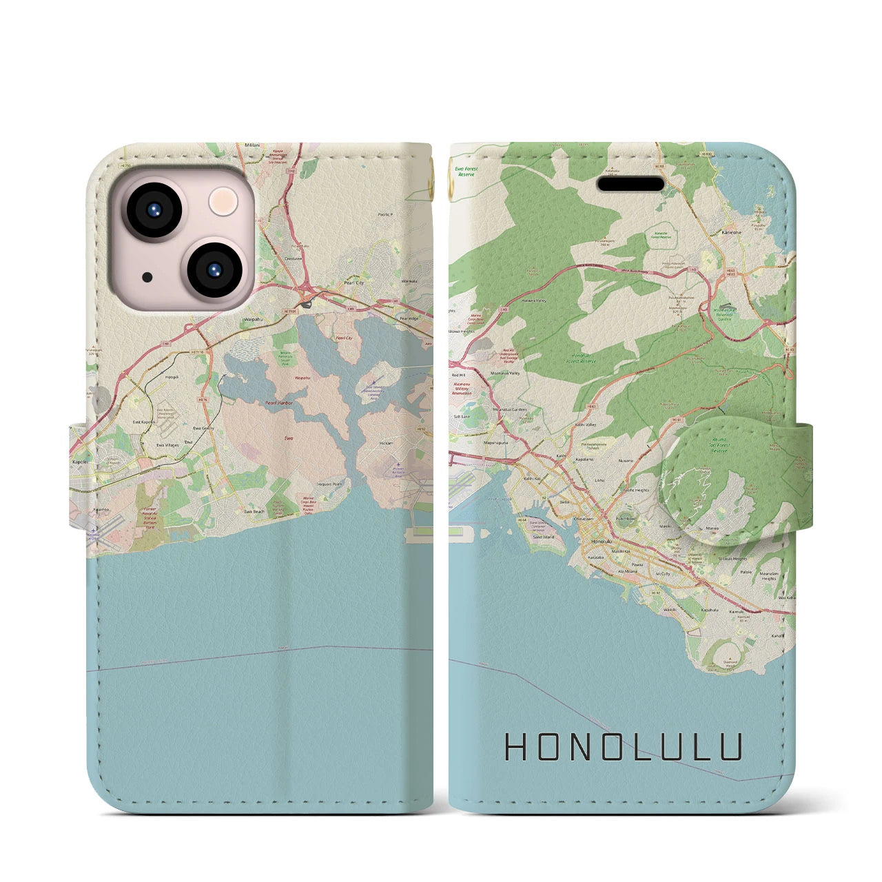 【ホノルル(アメリカ)】地図柄iPhoneケース(手帳タイプ)ナチュラル・iPhone 13 mini 用