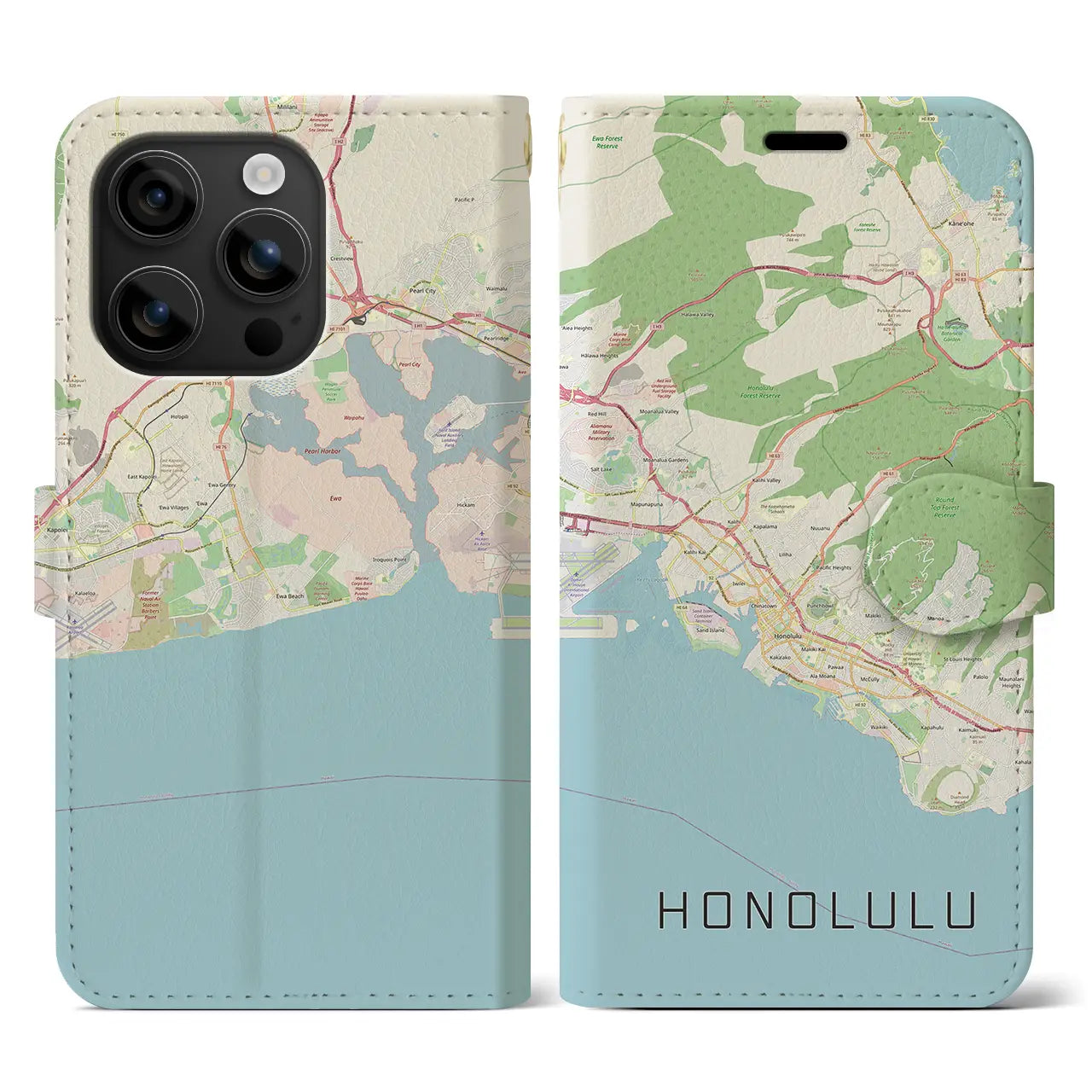 【ホノルル(アメリカ)】地図柄iPhoneケース(手帳タイプ)ナチュラル・iPhone 16 用