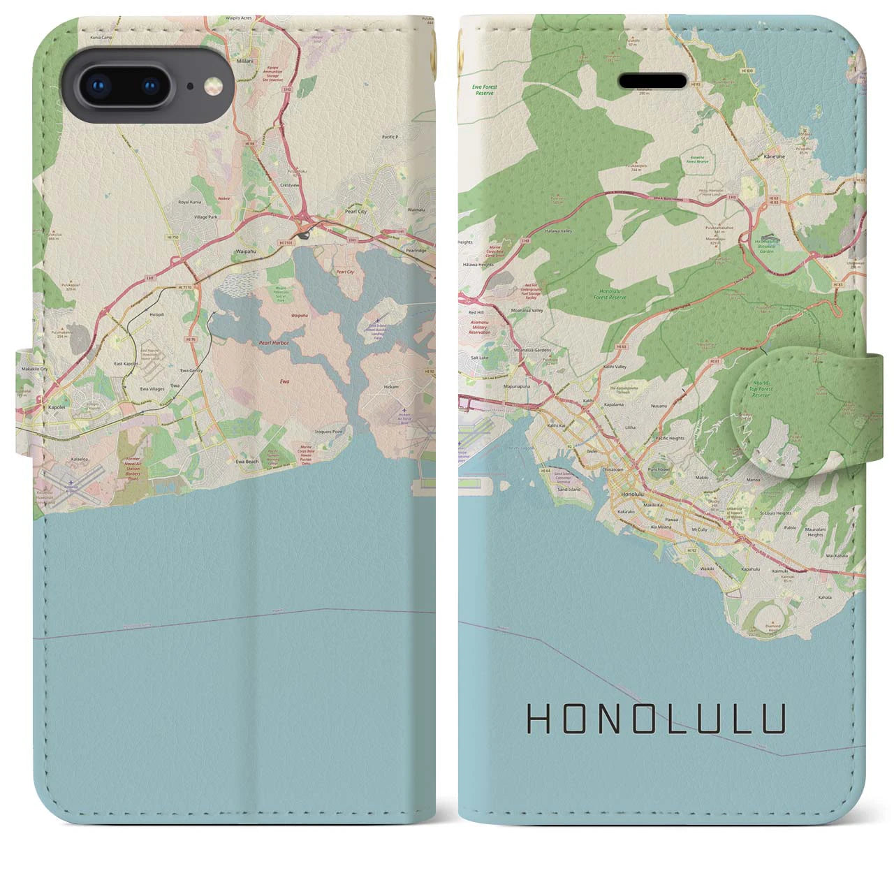 【ホノルル(アメリカ)】地図柄iPhoneケース(手帳タイプ)ナチュラル・iPhone 8Plus /7Plus / 6sPlus / 6Plus 用