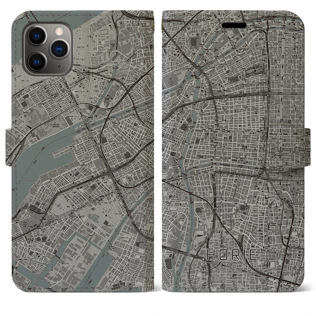 【堀江(大阪府)】地図柄iPhoneケース(手帳タイプ)モノトーン・iPhone 11 Pro Max 用