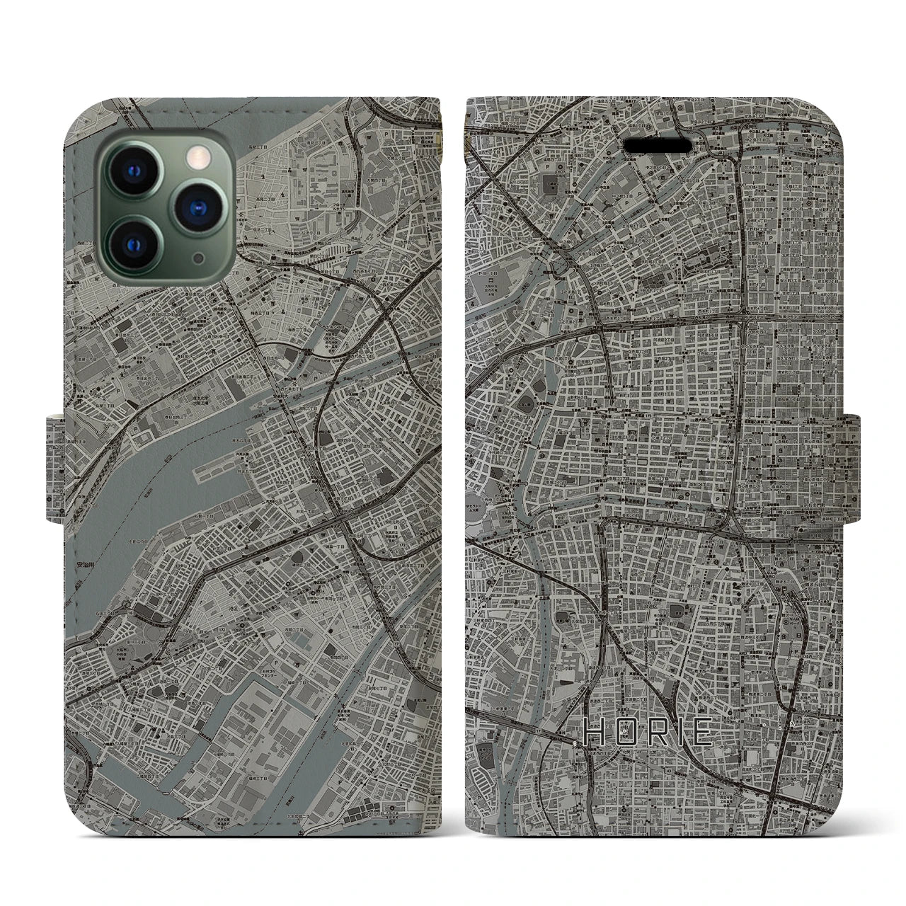 【堀江(大阪府)】地図柄iPhoneケース(手帳タイプ)モノトーン・iPhone 11 Pro 用