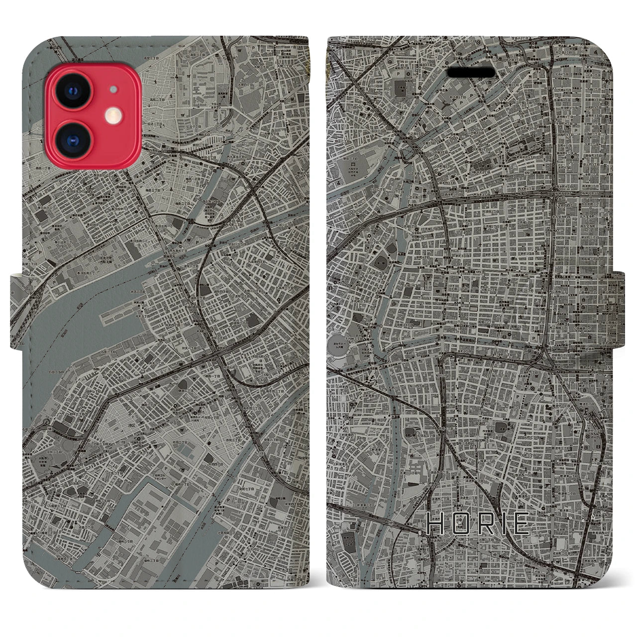 【堀江(大阪府)】地図柄iPhoneケース(手帳タイプ)モノトーン・iPhone 11 用