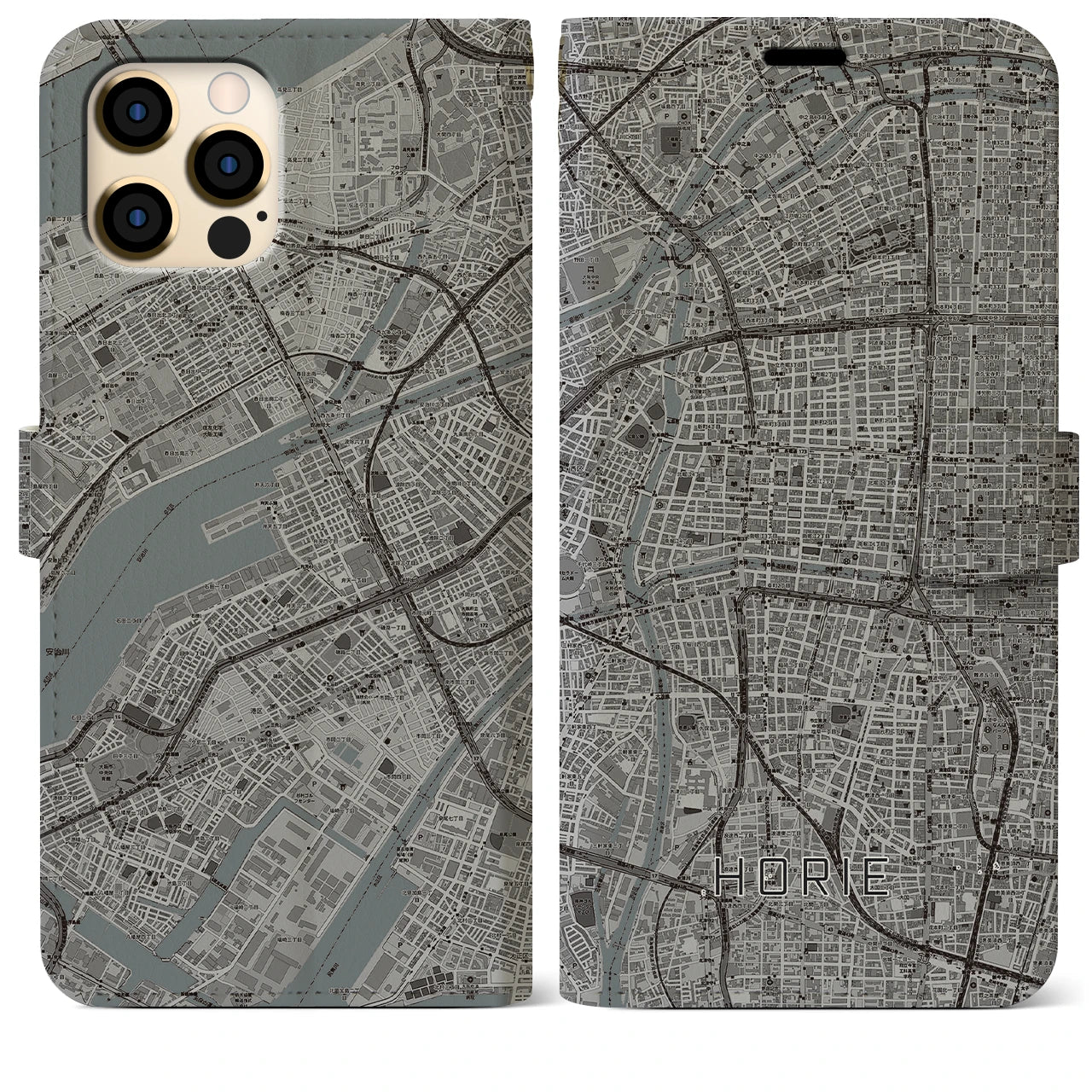 【堀江(大阪府)】地図柄iPhoneケース(手帳タイプ)モノトーン・iPhone 12 Pro Max 用