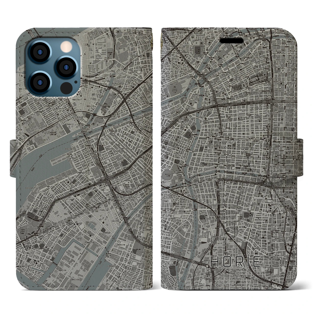 【堀江(大阪府)】地図柄iPhoneケース(手帳タイプ)モノトーン・iPhone 12 / 12 Pro 用