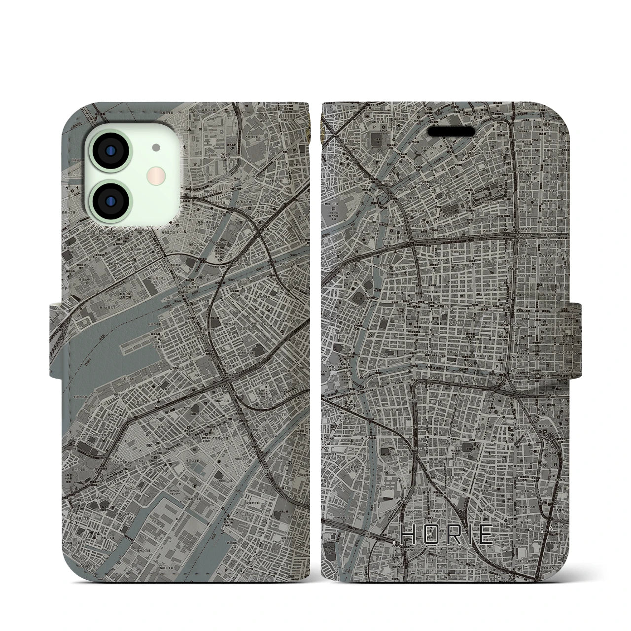 【堀江(大阪府)】地図柄iPhoneケース(手帳タイプ)モノトーン・iPhone 12 mini 用