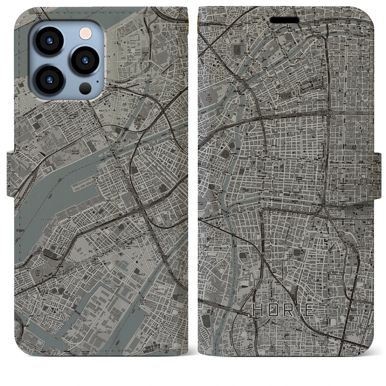 【堀江(大阪府)】地図柄iPhoneケース(手帳タイプ)モノトーン・iPhone 13 Pro Max 用