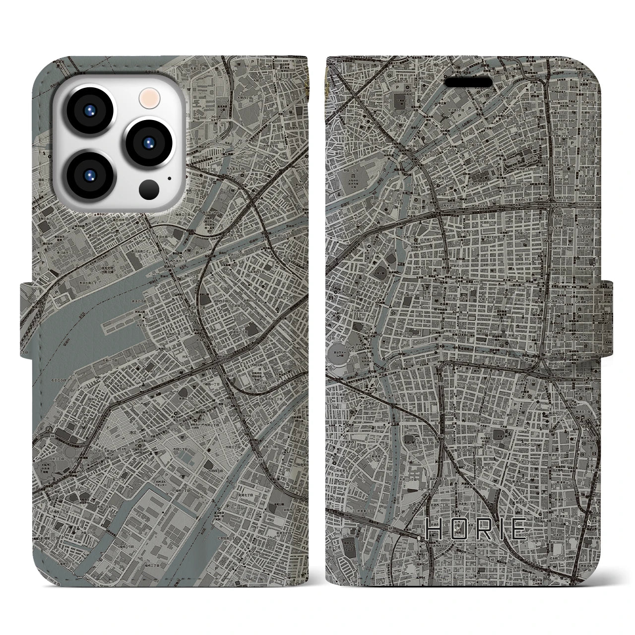 【堀江(大阪府)】地図柄iPhoneケース(手帳タイプ)モノトーン・iPhone 13 Pro 用