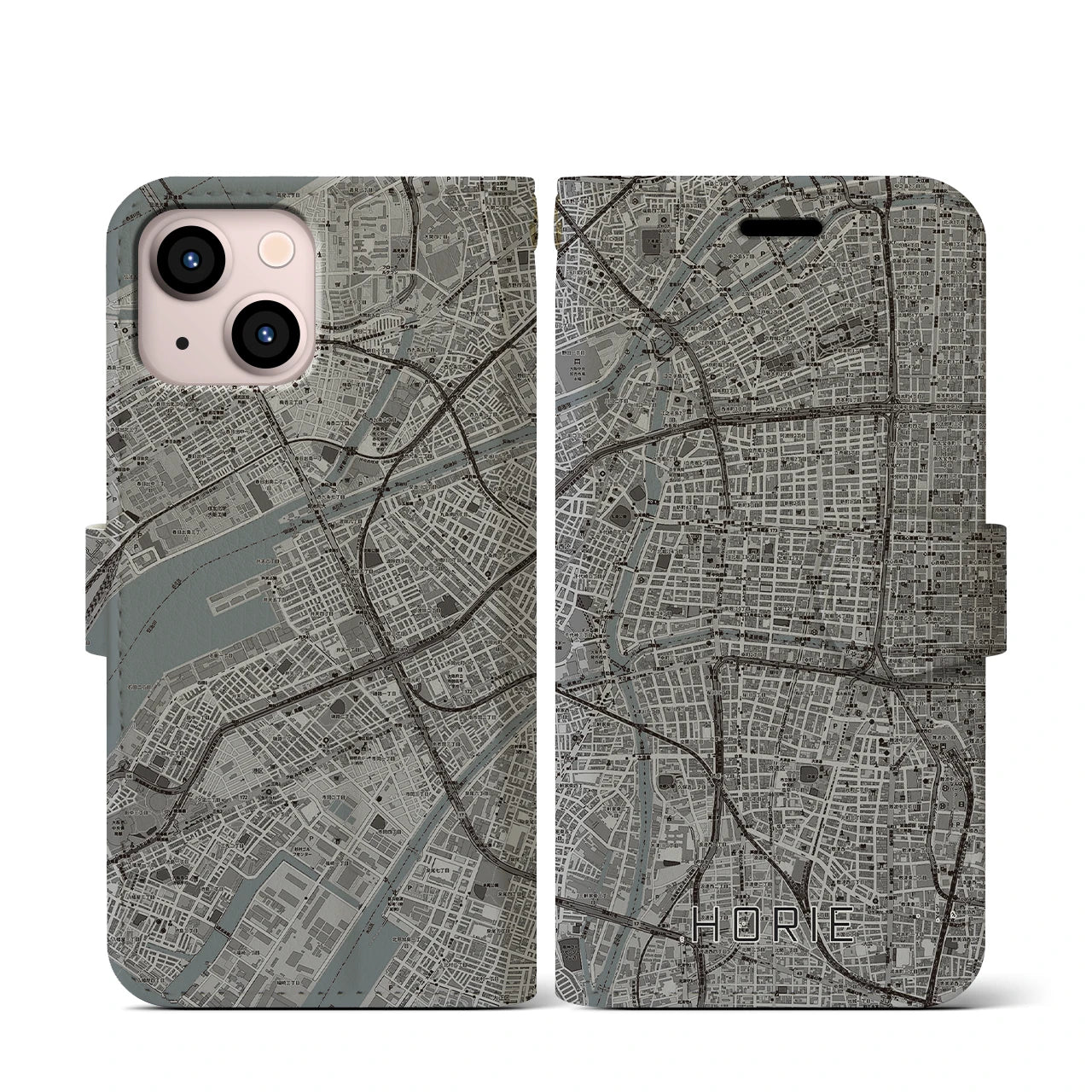 【堀江(大阪府)】地図柄iPhoneケース(手帳タイプ)モノトーン・iPhone 13 mini 用