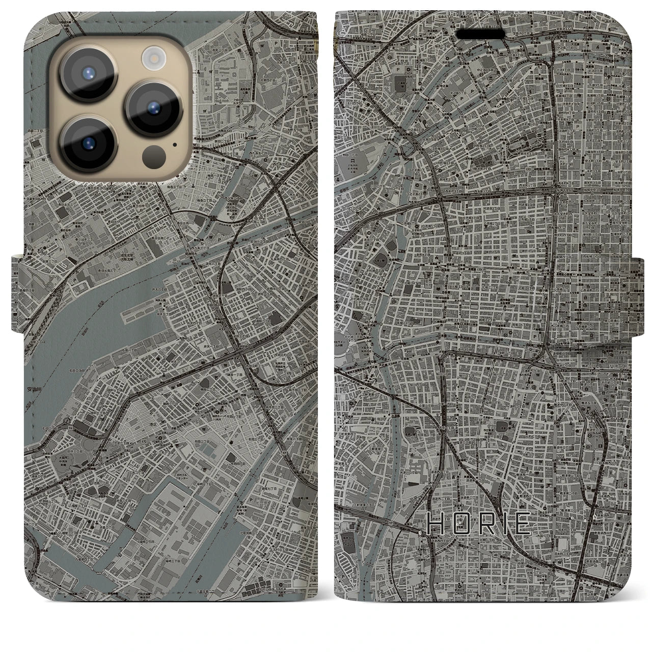 【堀江(大阪府)】地図柄iPhoneケース(手帳タイプ)モノトーン・iPhone 14 Pro Max 用