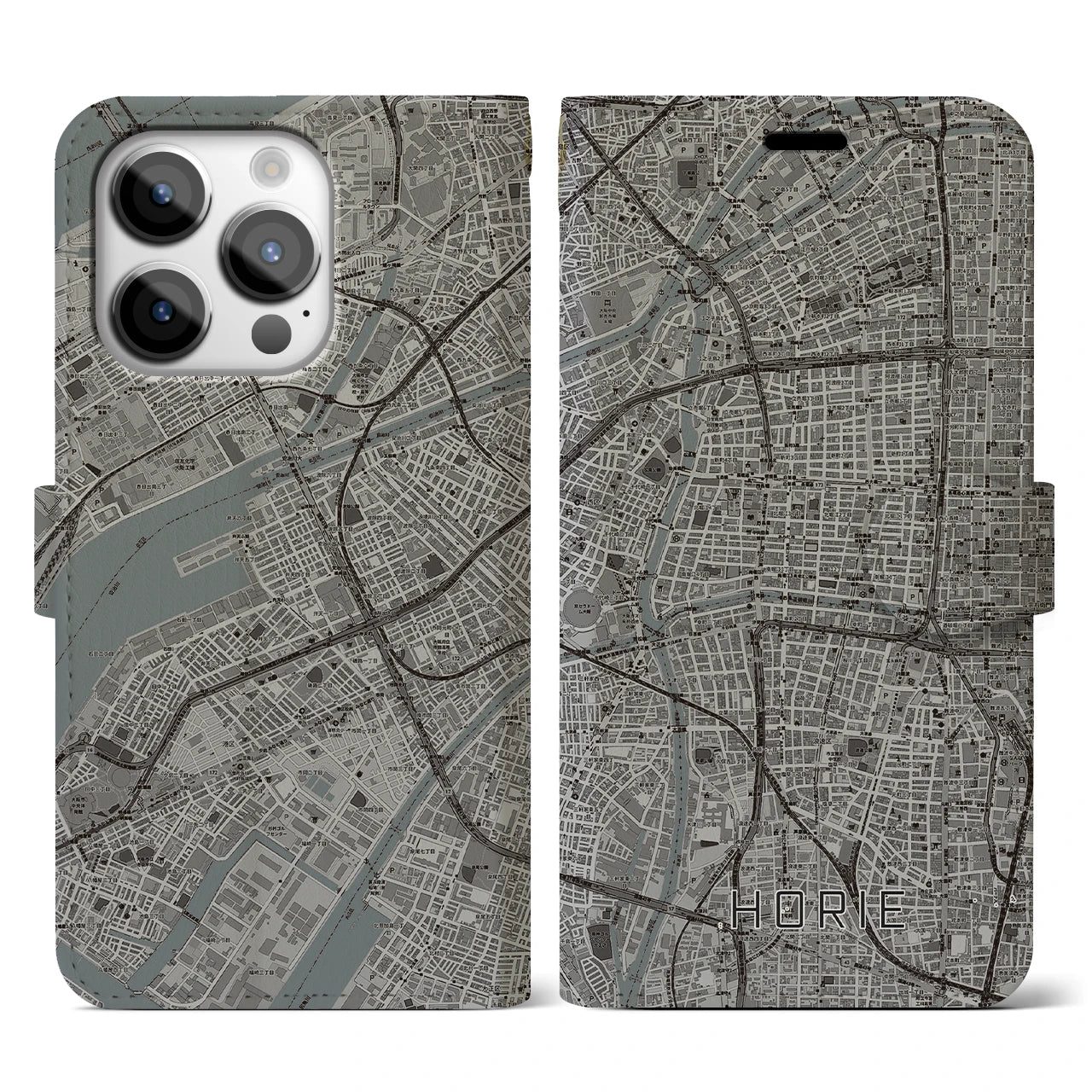 【堀江(大阪府)】地図柄iPhoneケース(手帳タイプ)モノトーン・iPhone 14 Pro 用