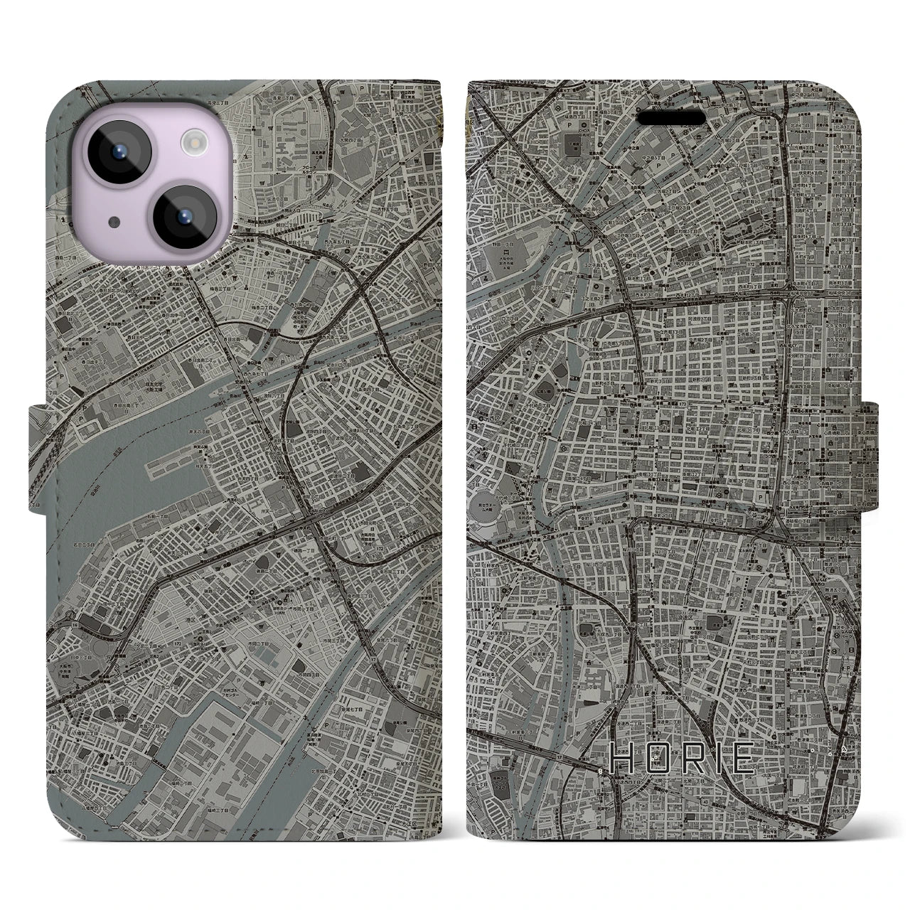 【堀江(大阪府)】地図柄iPhoneケース(手帳タイプ)モノトーン・iPhone 14 用