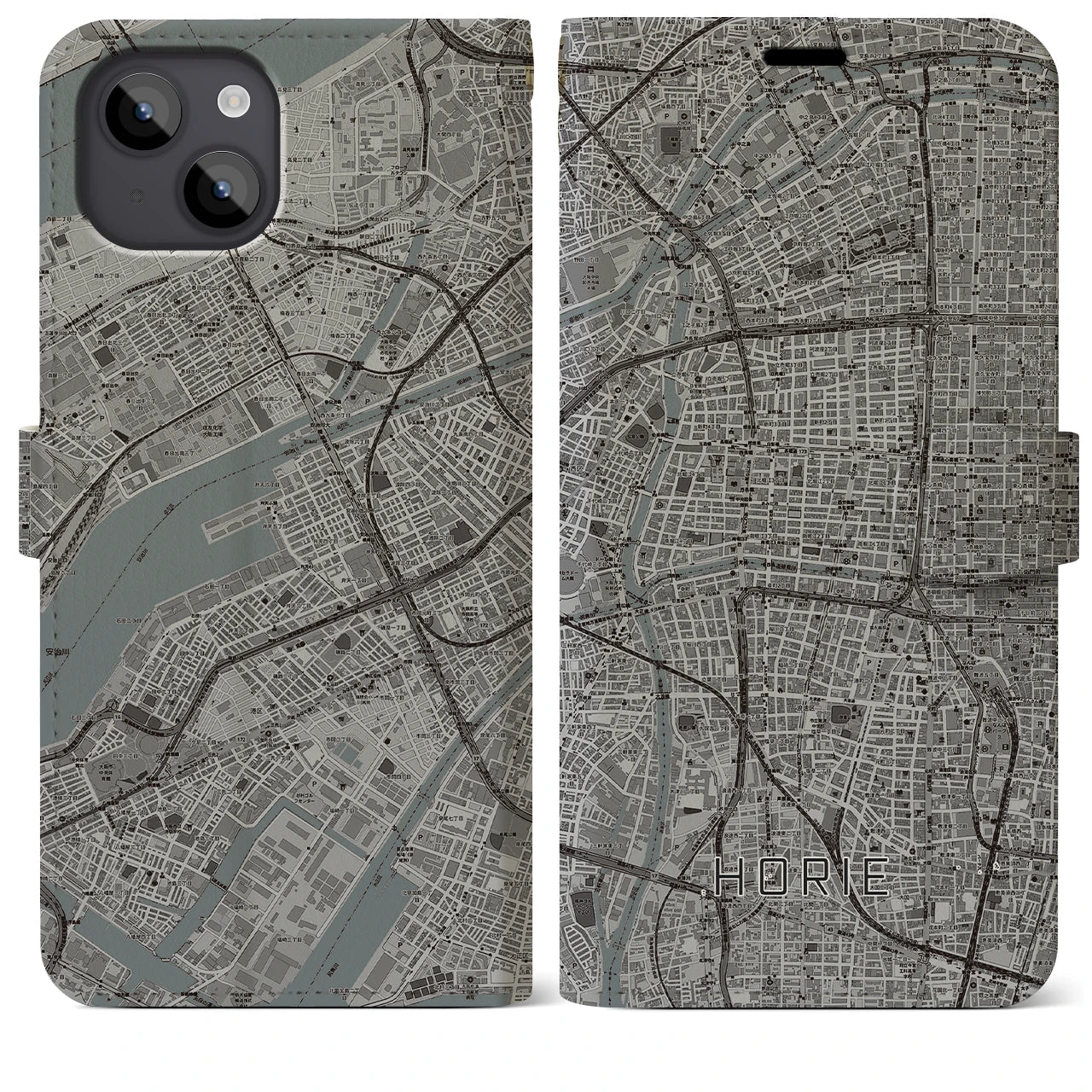 【堀江(大阪府)】地図柄iPhoneケース(手帳タイプ)モノトーン・iPhone 14 Plus 用