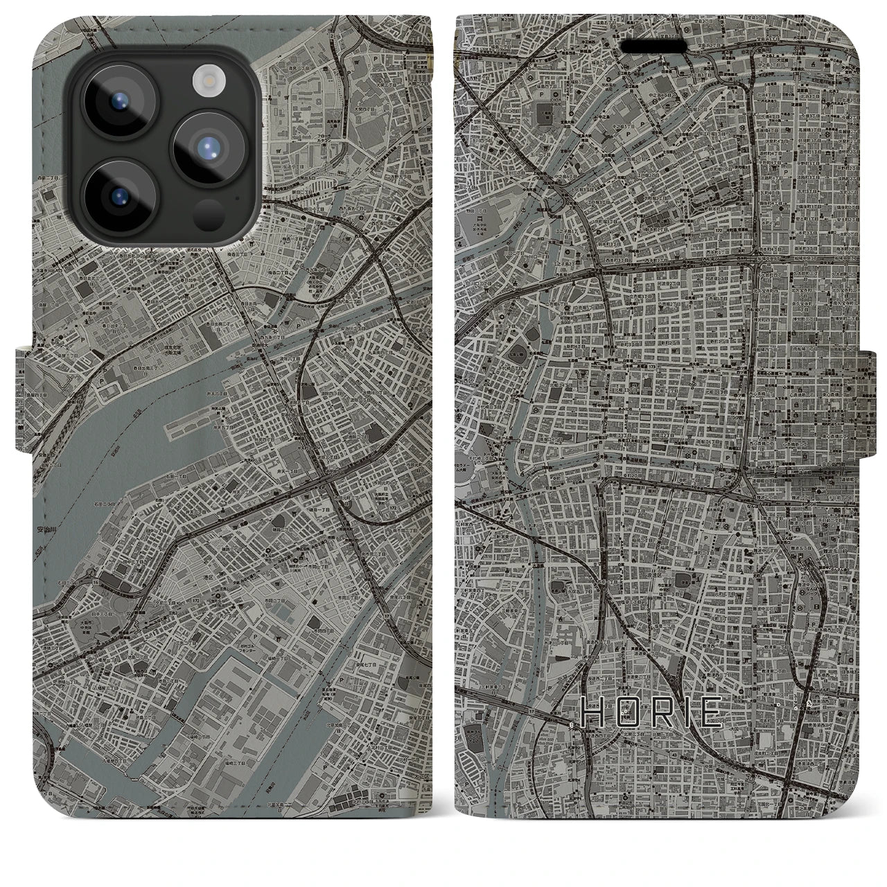 【堀江(大阪府)】地図柄iPhoneケース(手帳タイプ)モノトーン・iPhone 15 Pro Max 用
