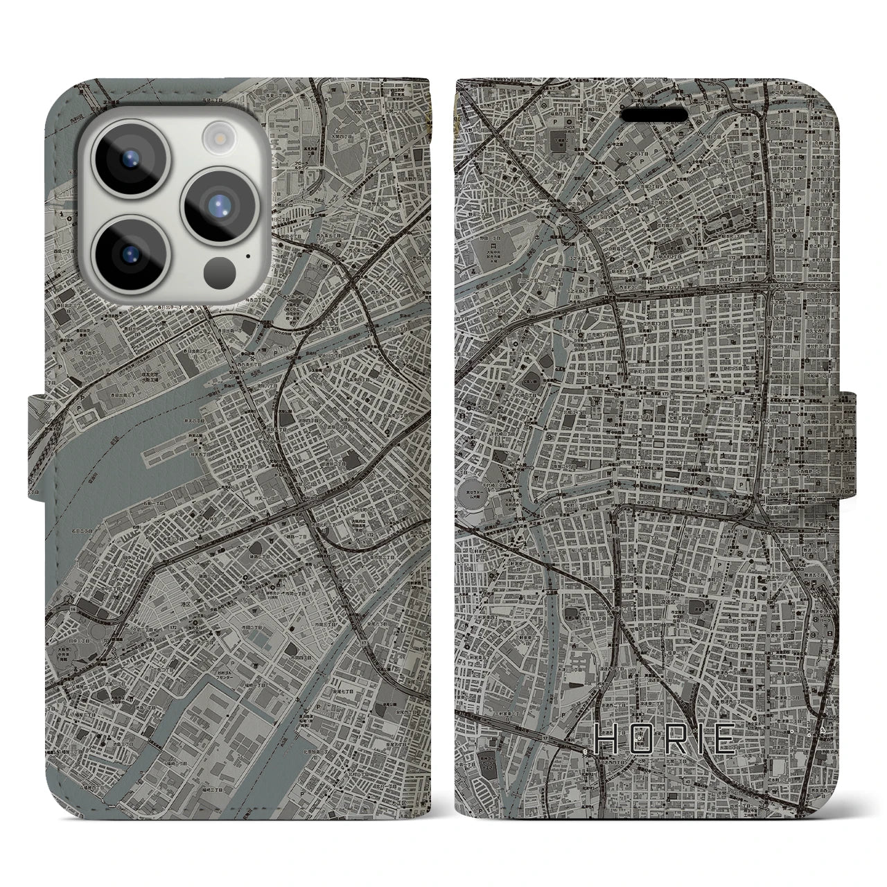 【堀江(大阪府)】地図柄iPhoneケース(手帳タイプ)モノトーン・iPhone 15 Pro 用