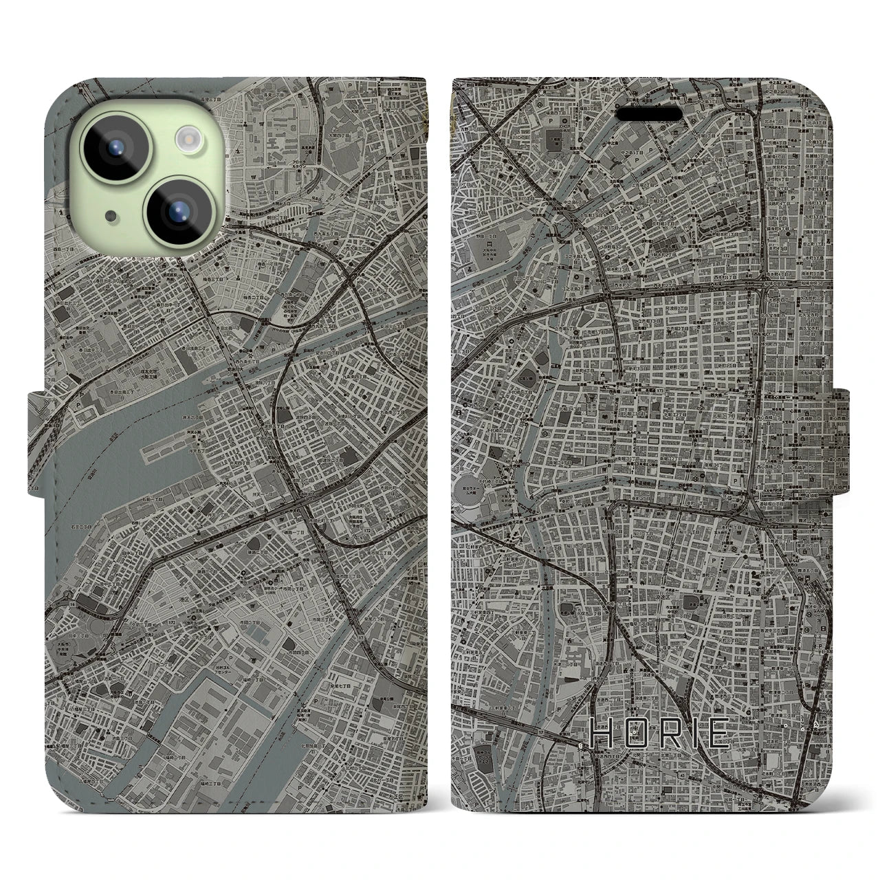 【堀江(大阪府)】地図柄iPhoneケース(手帳タイプ)モノトーン・iPhone 15 用