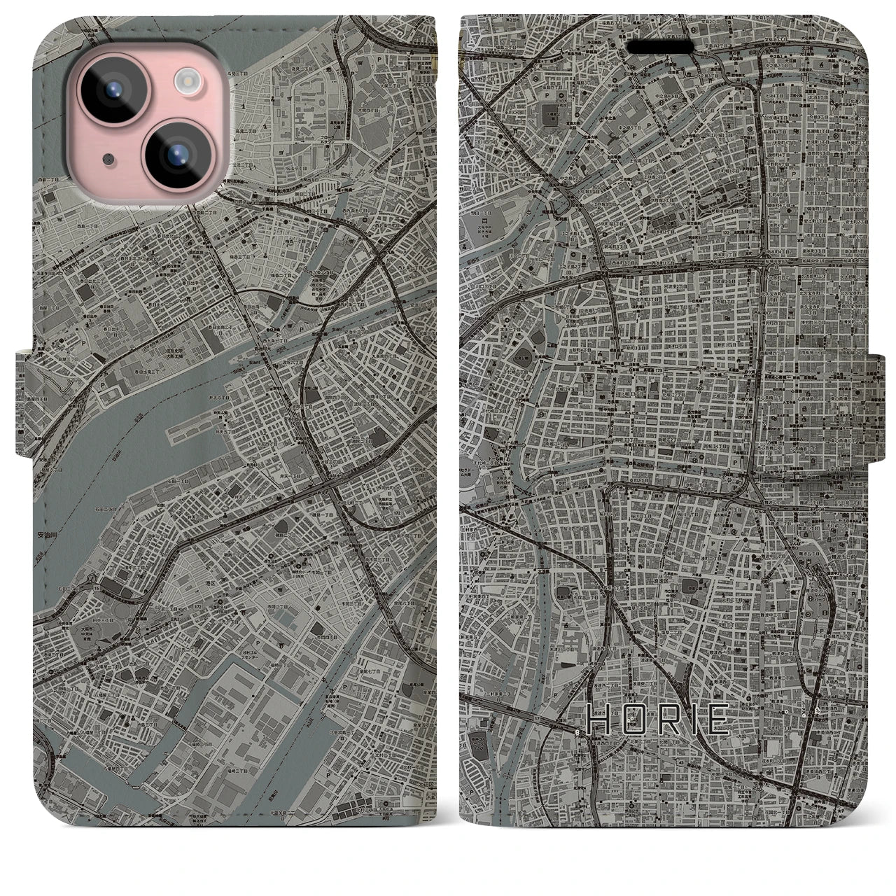【堀江(大阪府)】地図柄iPhoneケース(手帳タイプ)モノトーン・iPhone 15 Plus 用