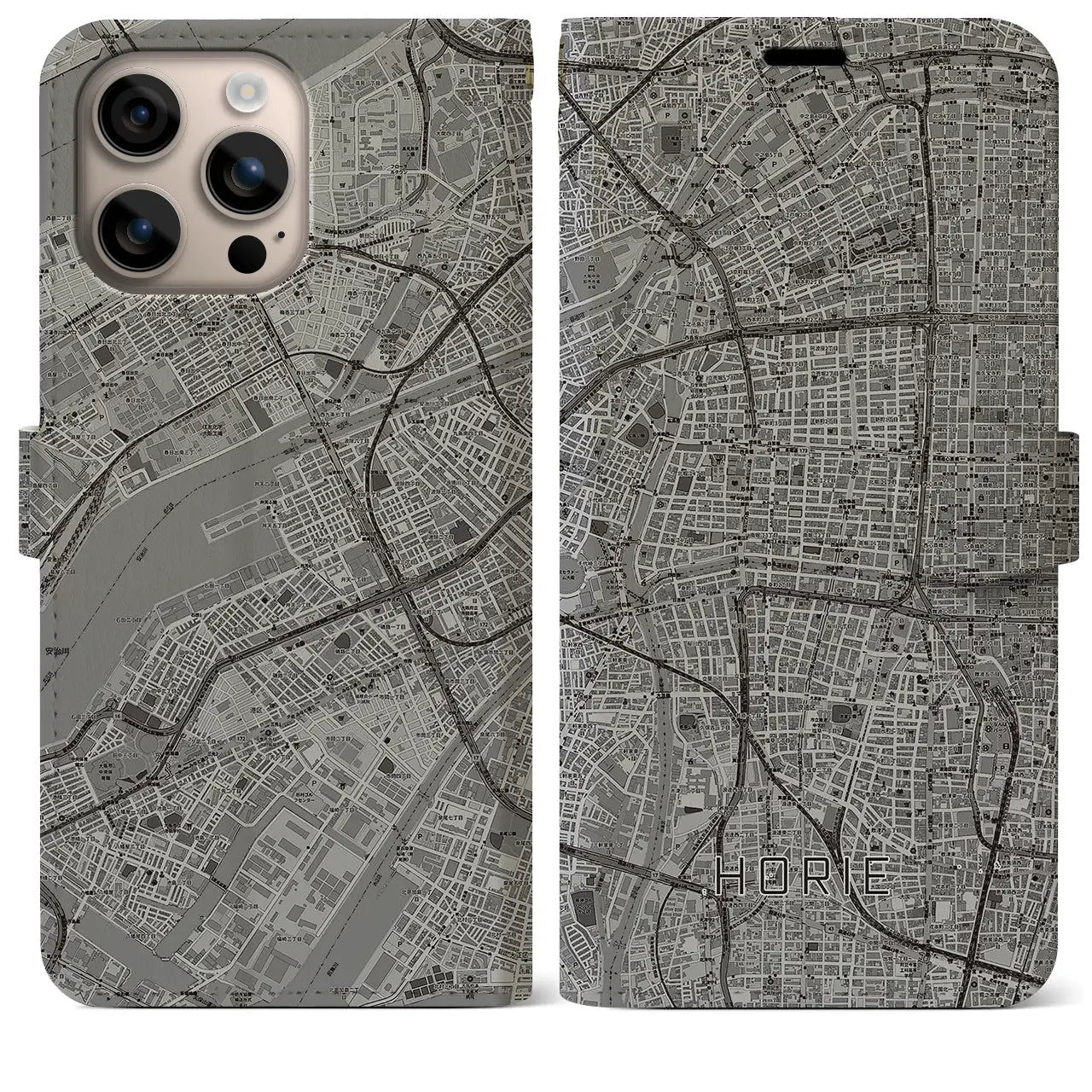 【堀江(大阪府)】地図柄iPhoneケース(手帳タイプ)モノトーン・iPhone 16 Plus 用