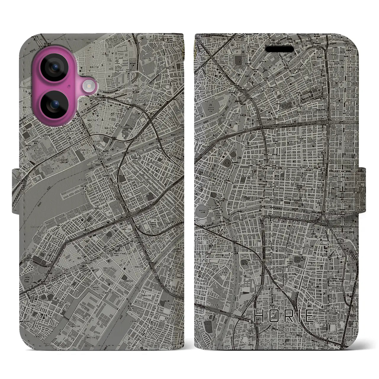 【堀江(大阪府)】地図柄iPhoneケース(手帳タイプ)モノトーン・iPhone 16 Pro 用