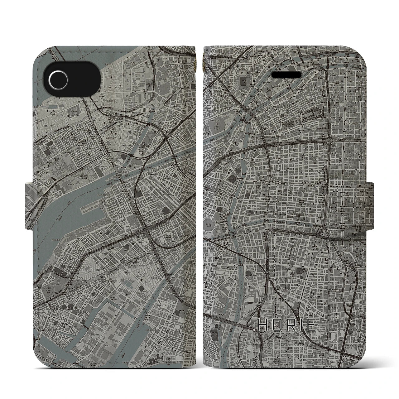 【堀江(大阪府)】地図柄iPhoneケース(手帳タイプ)モノトーン・iPhone SE(第3 / 第2世代) / 8 / 7 / 6s / 6 用