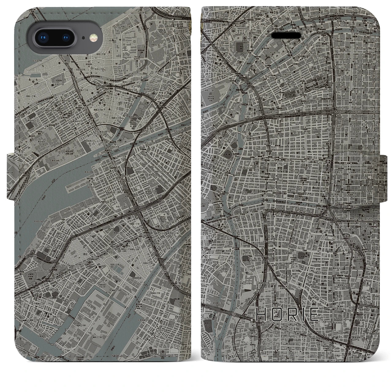 【堀江(大阪府)】地図柄iPhoneケース(手帳タイプ)モノトーン・iPhone 8Plus /7Plus / 6sPlus / 6Plus 用