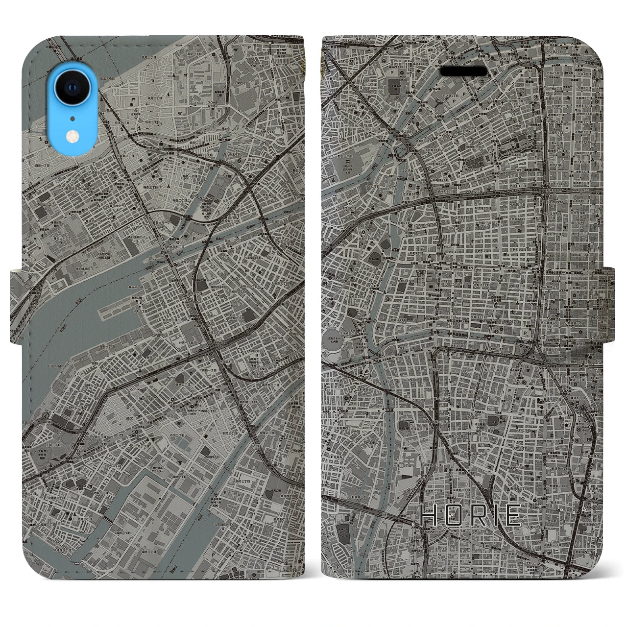 【堀江(大阪府)】地図柄iPhoneケース(手帳タイプ)モノトーン・iPhone XR 用