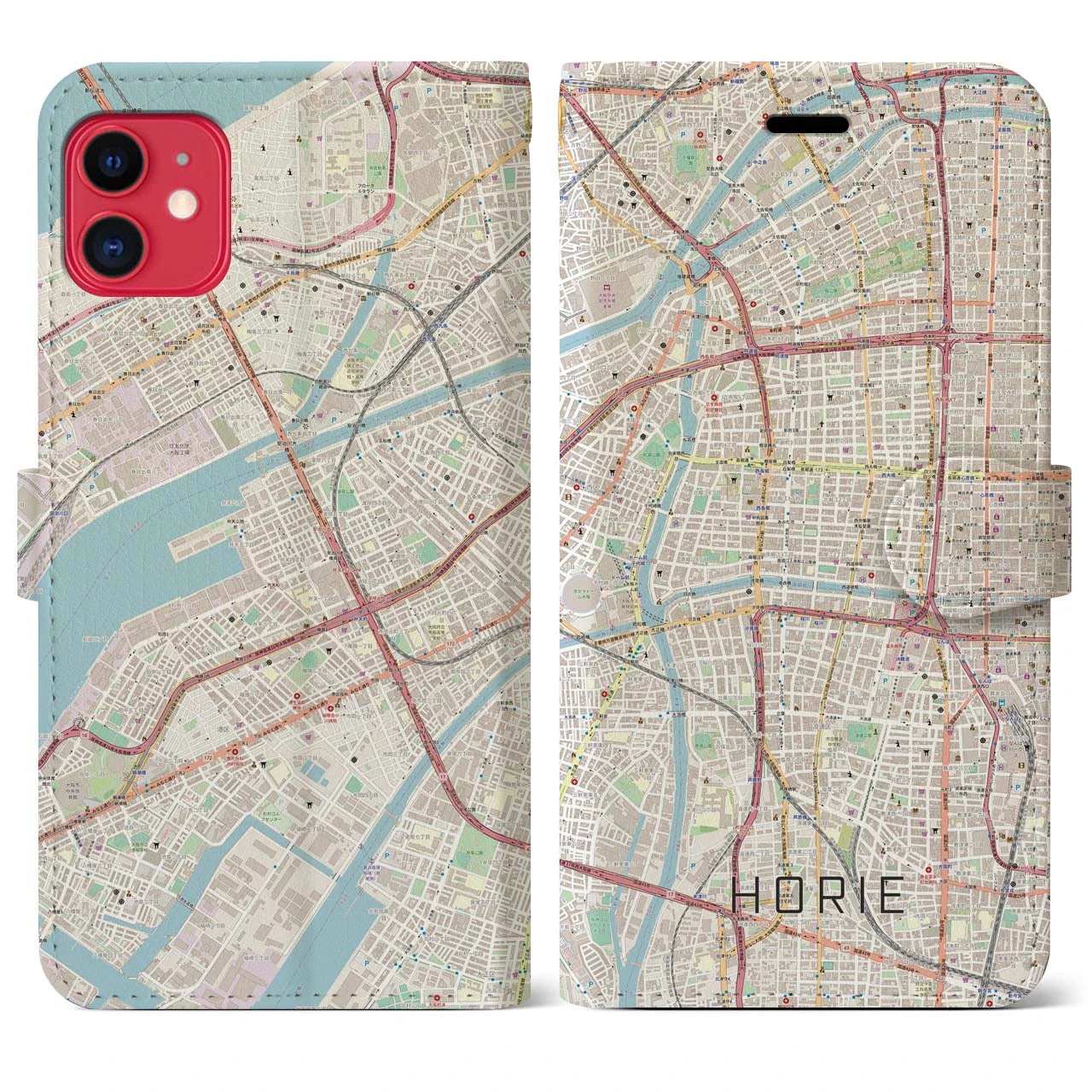 【堀江(大阪府)】地図柄iPhoneケース(手帳タイプ)ナチュラル・iPhone 11 用