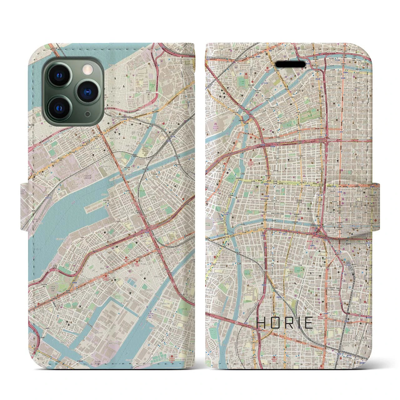 【堀江(大阪府)】地図柄iPhoneケース(手帳タイプ)ナチュラル・iPhone 11 Pro 用