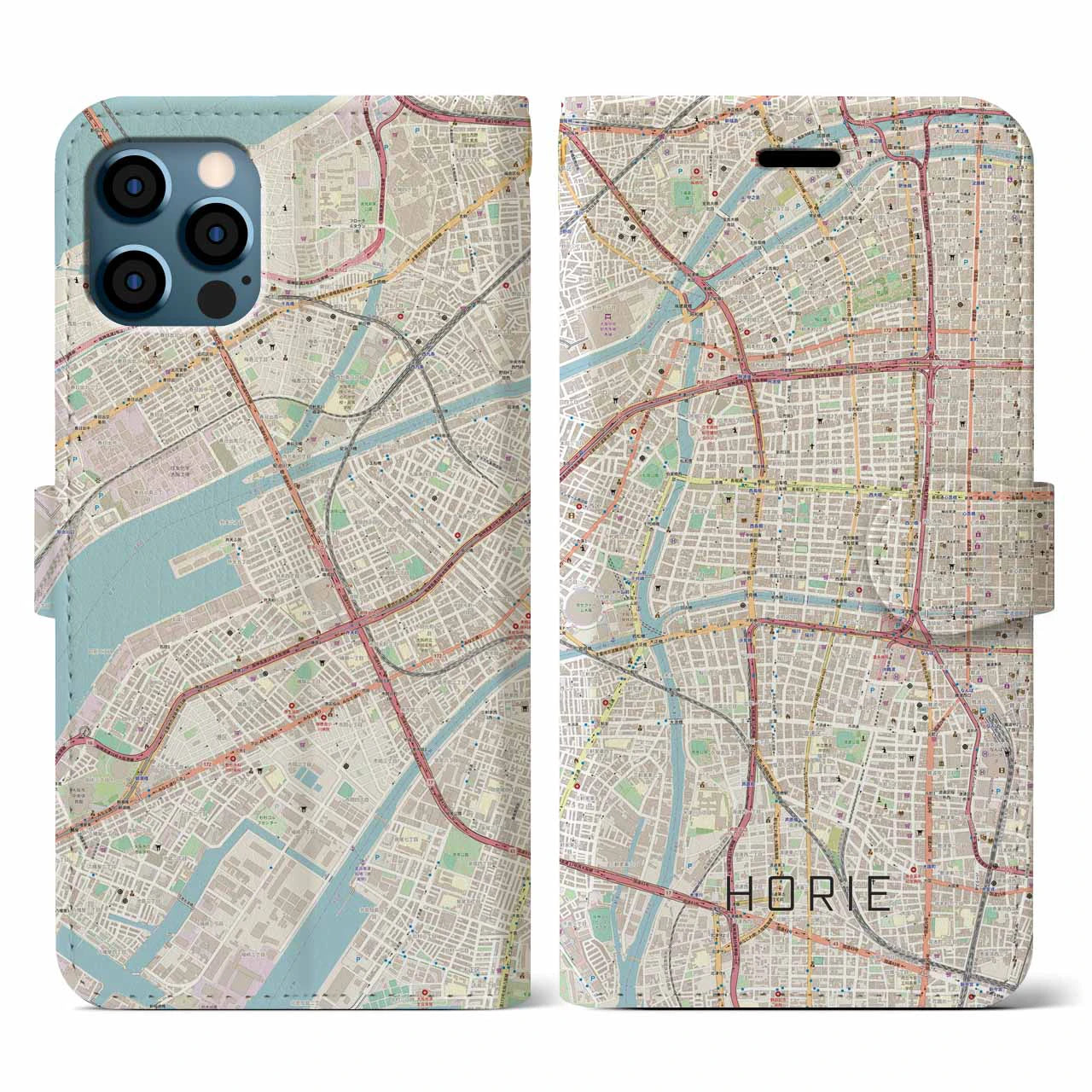 【堀江(大阪府)】地図柄iPhoneケース(手帳タイプ)ナチュラル・iPhone 12 / 12 Pro 用