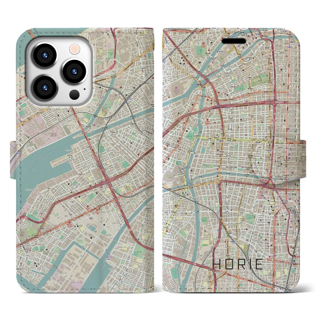 【堀江(大阪府)】地図柄iPhoneケース(手帳タイプ)ナチュラル・iPhone 13 Pro 用