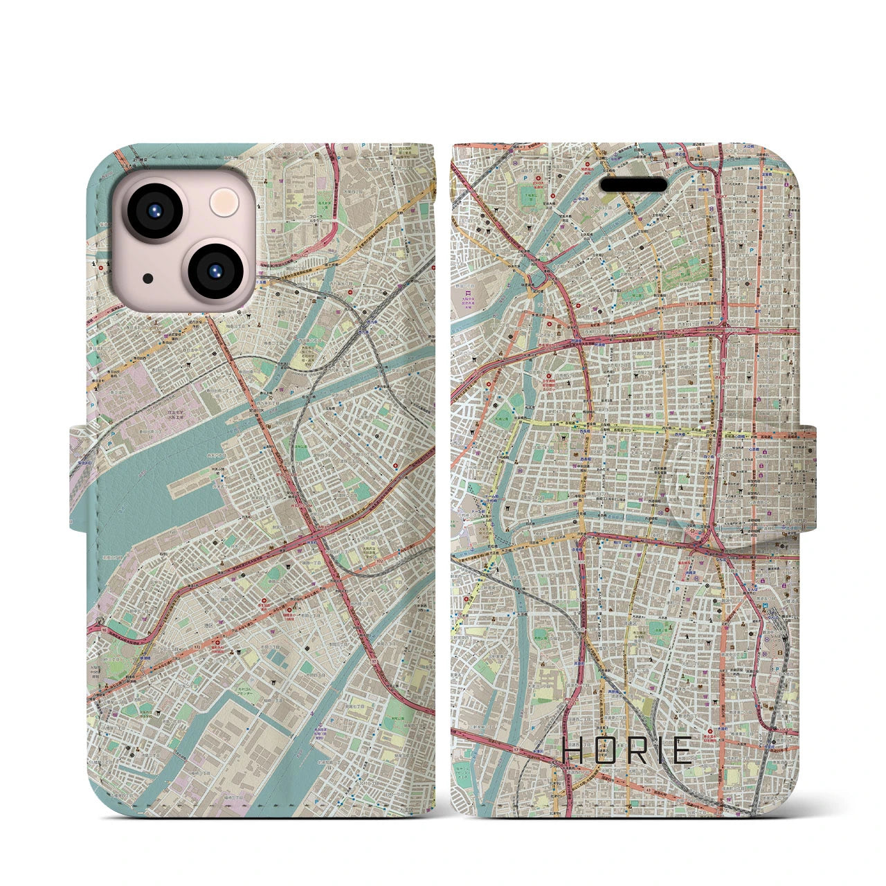【堀江(大阪府)】地図柄iPhoneケース(手帳タイプ)ナチュラル・iPhone 13 mini 用
