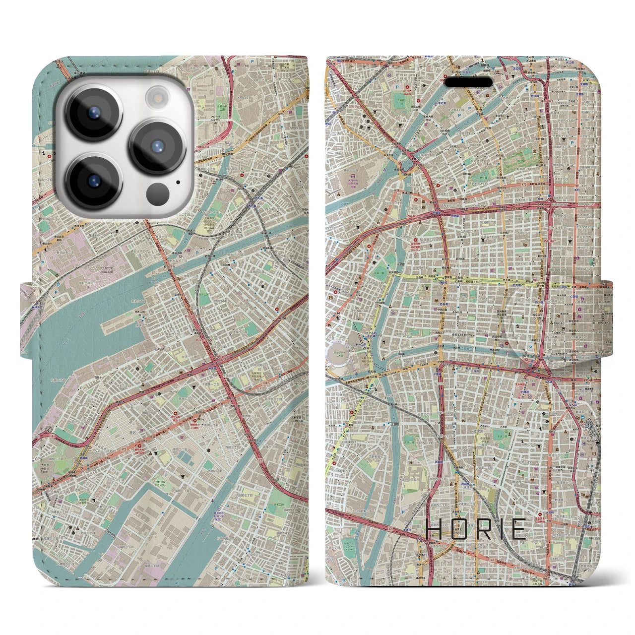 【堀江(大阪府)】地図柄iPhoneケース(手帳タイプ)ナチュラル・iPhone 14 Pro 用