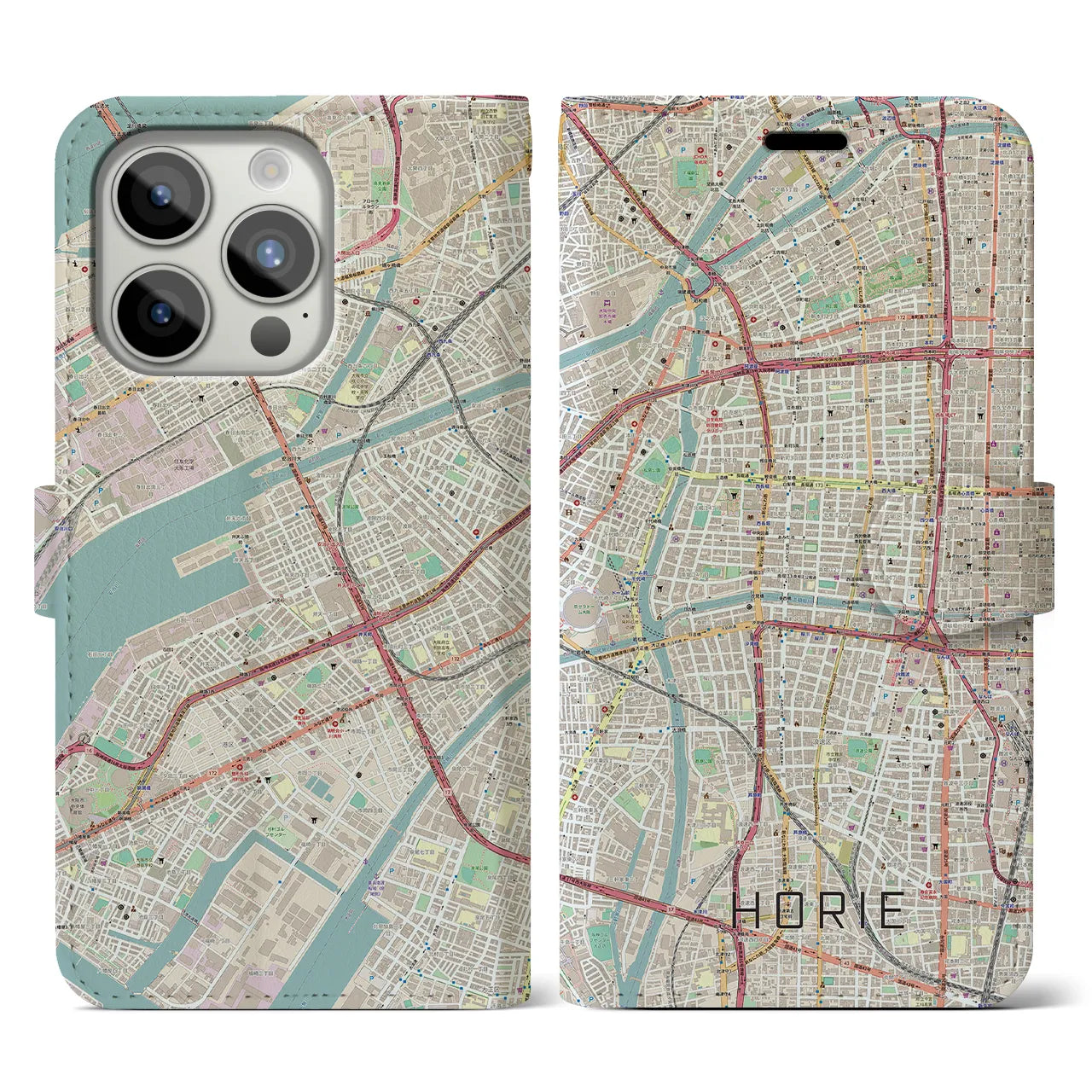 【堀江(大阪府)】地図柄iPhoneケース(手帳タイプ)ナチュラル・iPhone 15 Pro 用