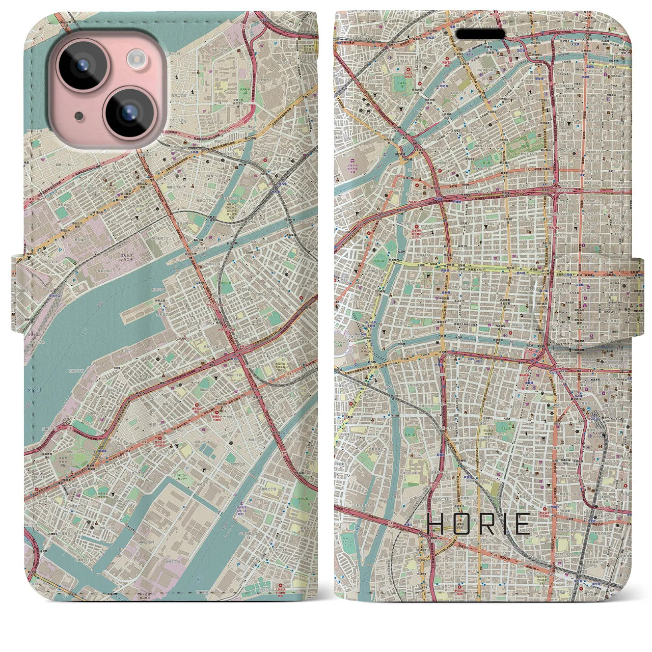 【堀江(大阪府)】地図柄iPhoneケース(手帳タイプ)ナチュラル・iPhone 15 Plus 用