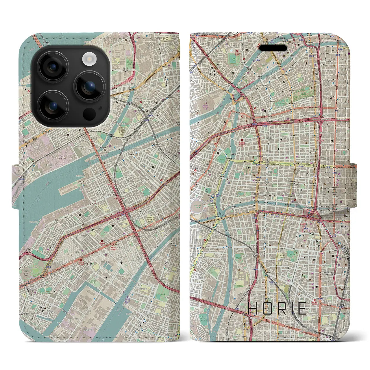 【堀江(大阪府)】地図柄iPhoneケース(手帳タイプ)ナチュラル・iPhone 16 用
