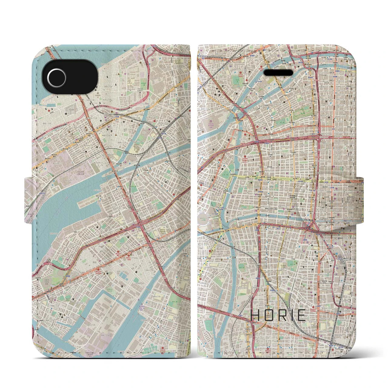 【堀江(大阪府)】地図柄iPhoneケース(手帳タイプ)ナチュラル・iPhone SE(第3 / 第2世代) / 8 / 7 / 6s / 6 用