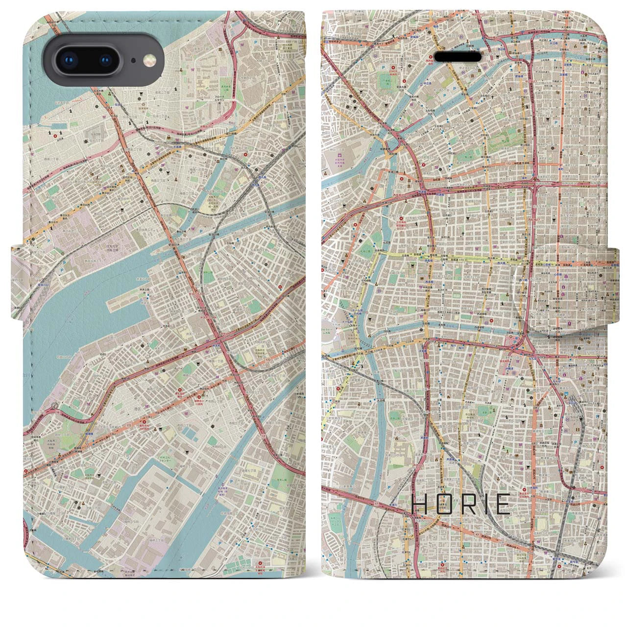 【堀江(大阪府)】地図柄iPhoneケース(手帳タイプ)ナチュラル・iPhone 8Plus /7Plus / 6sPlus / 6Plus 用