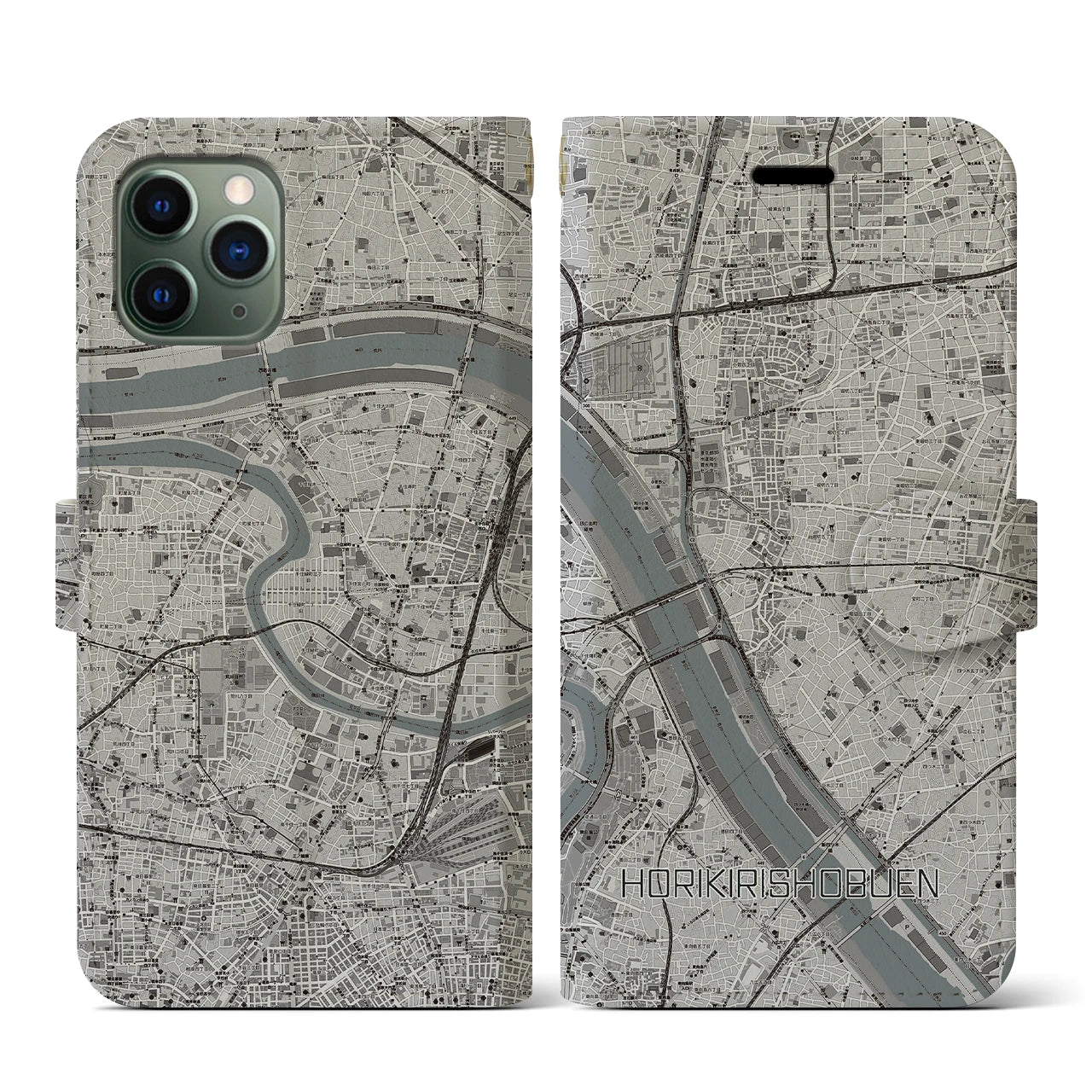【堀切菖蒲園(東京都)】地図柄iPhoneケース(手帳タイプ)モノトーン・iPhone 11 Pro 用