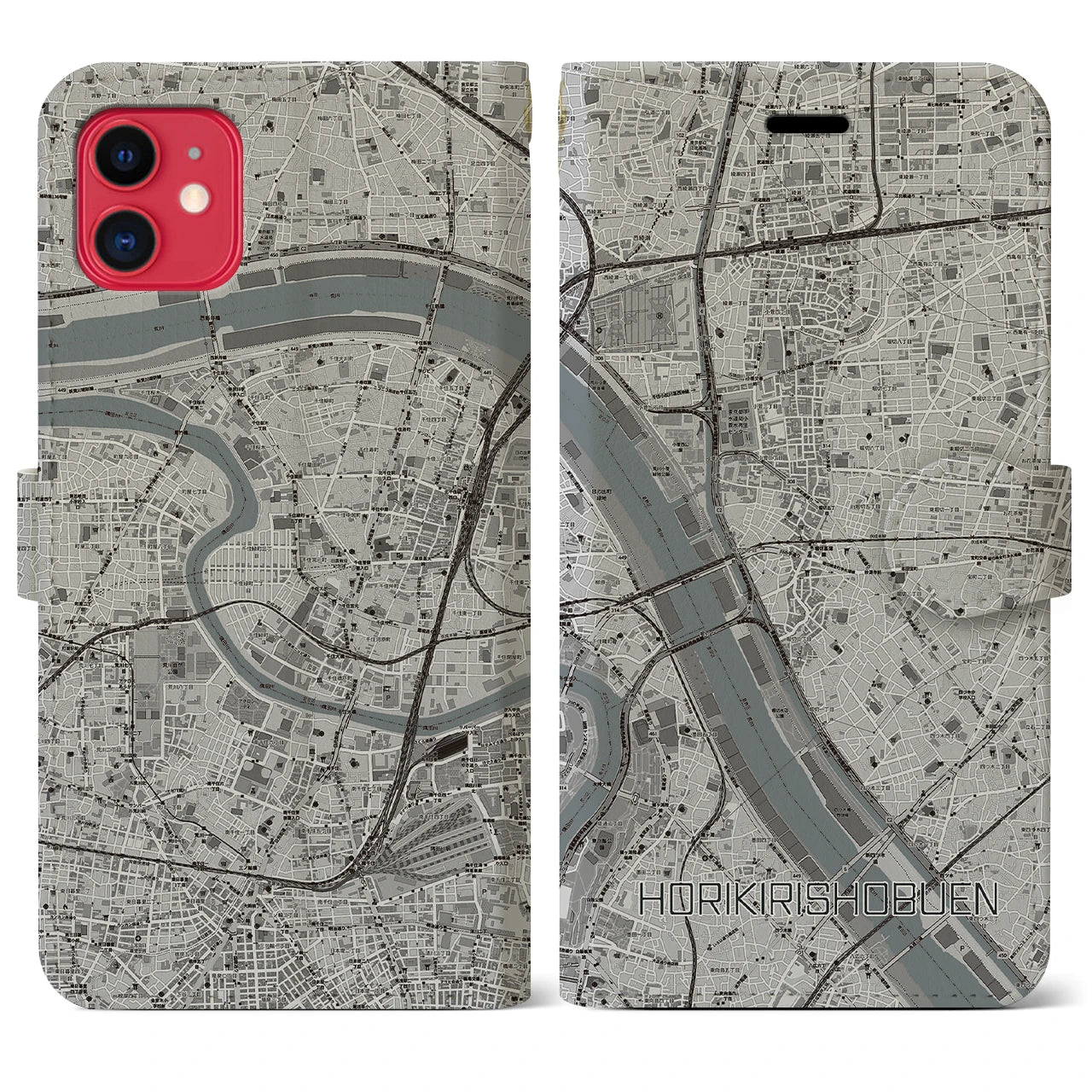【堀切菖蒲園(東京都)】地図柄iPhoneケース(手帳タイプ)モノトーン・iPhone 11 用
