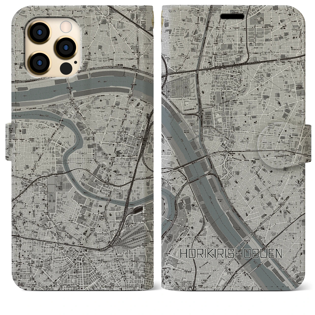 【堀切菖蒲園(東京都)】地図柄iPhoneケース(手帳タイプ)モノトーン・iPhone 12 Pro Max 用