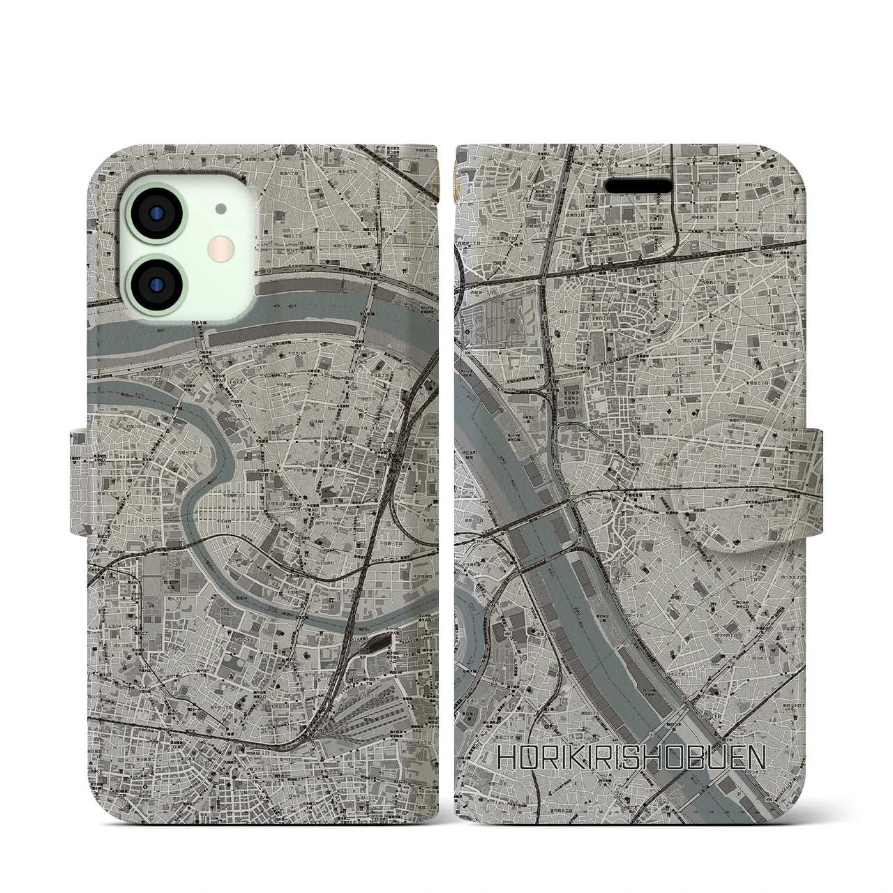 【堀切菖蒲園(東京都)】地図柄iPhoneケース(手帳タイプ)モノトーン・iPhone 12 mini 用